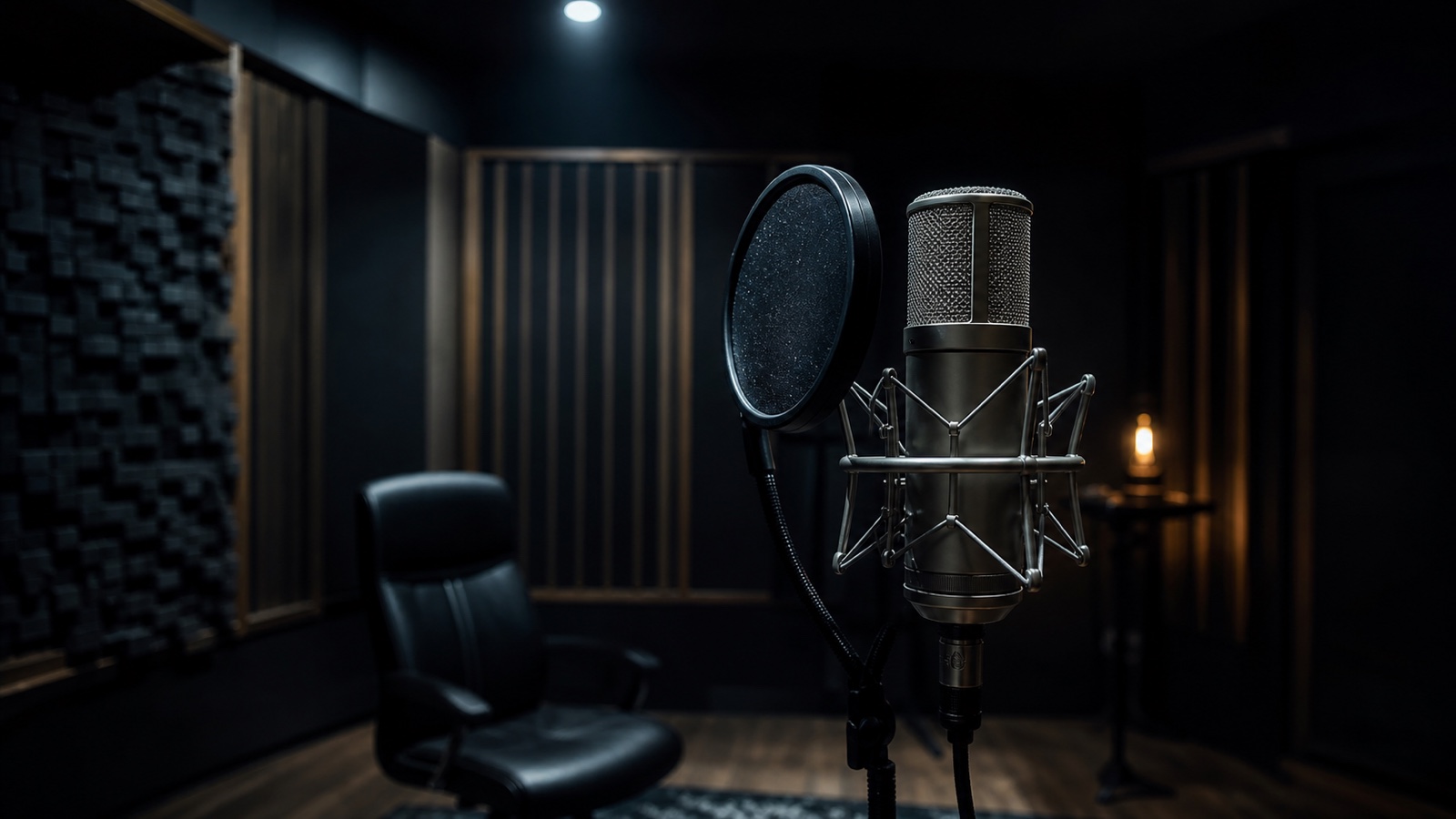 Atmospheric image: vocal session in a recording studio with microphone and mixing desk.