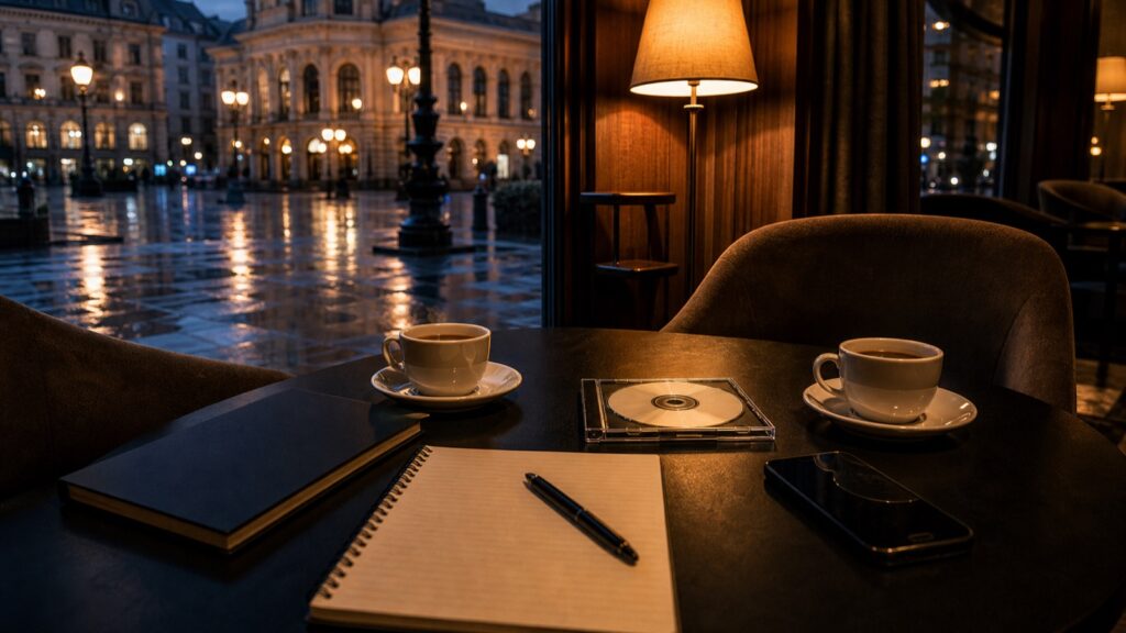 Symbolic image: first meeting in a hotel lounge near Frankfurt Alte Oper, with demo CD, coffee and notebook.