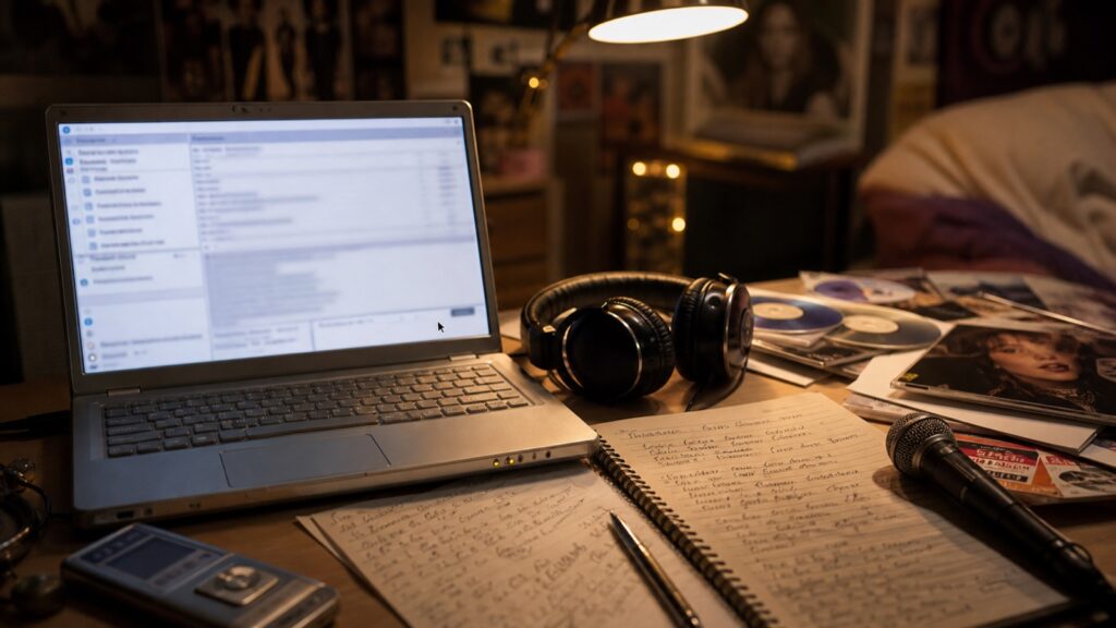 Symbolic image: an early email from a young singer, with laptop, headphones, notes and microphone.