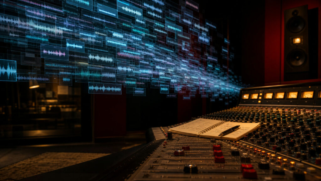 Glowing waveform tiles flowing over an analog studio console as a symbol for AI music output flooding streaming platforms