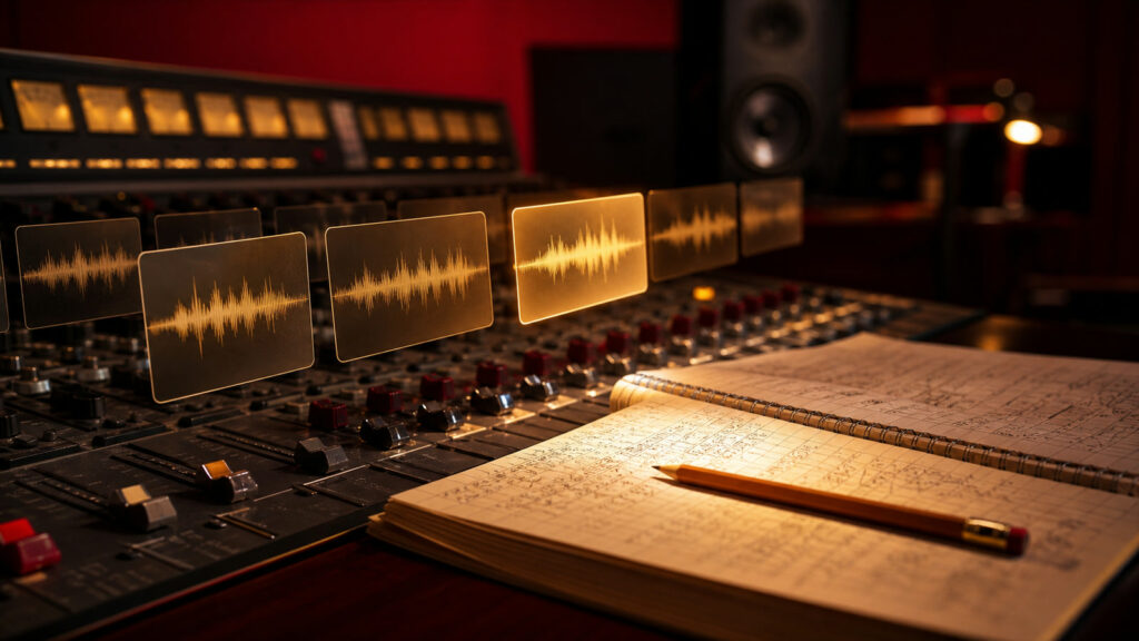 Analog studio console with glowing waveform cards and production notebook as a symbol for human musical selection