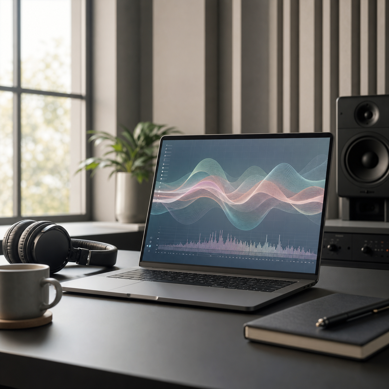 Mesa de estudio moderna con portátil e interfaz abstracta de waveform de música con IA
