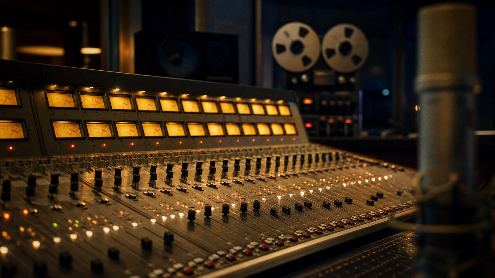Mesa de mezcla de los 80 con VU meters iluminados como imagen del pop construido en estudio
