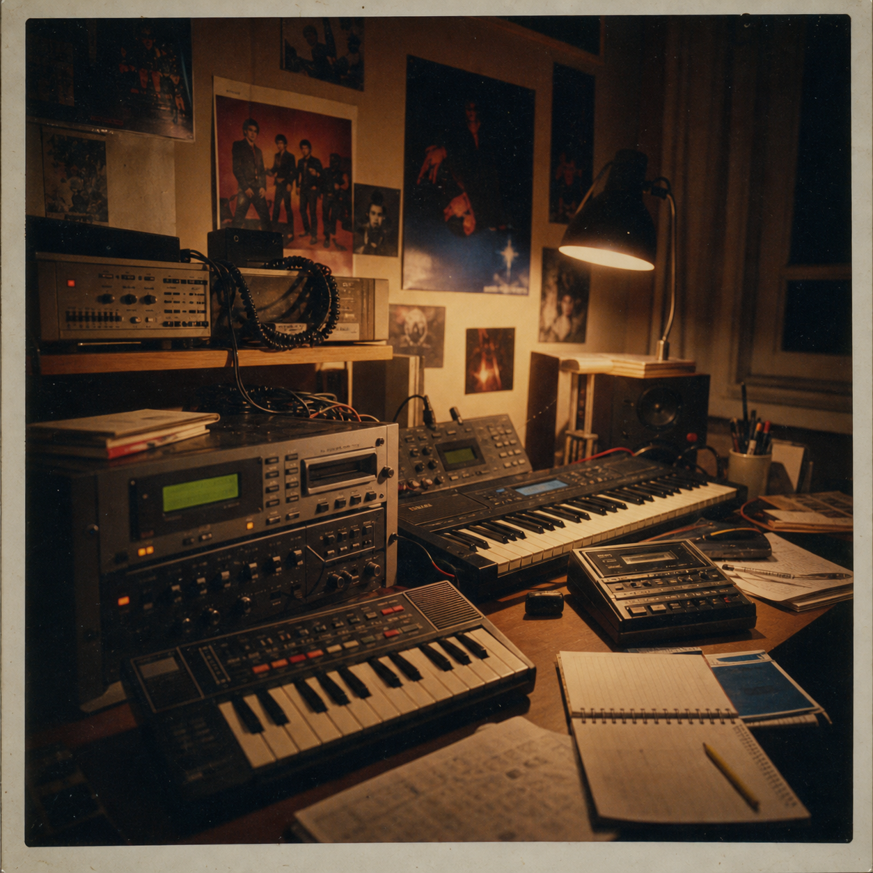 Dormitorio adolescente convertido en home studio de los 80 con samplers, teclado y cables