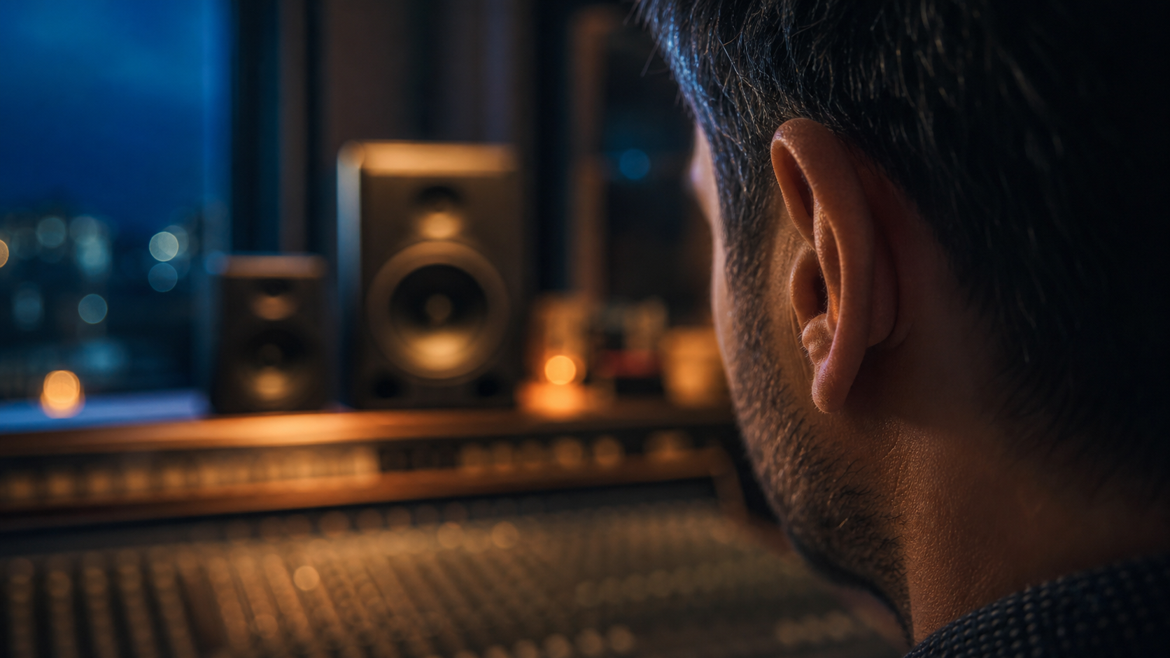 Perfil cercano de la oreja de un productor en el estudio como imagen de escucha y criterio